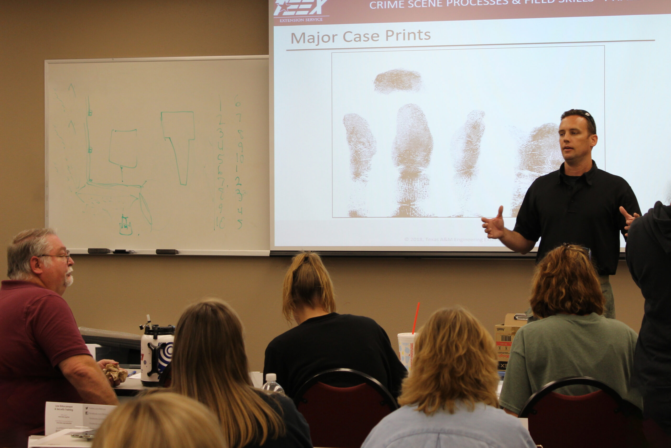 instructor showing class overhead slides of fingerprints