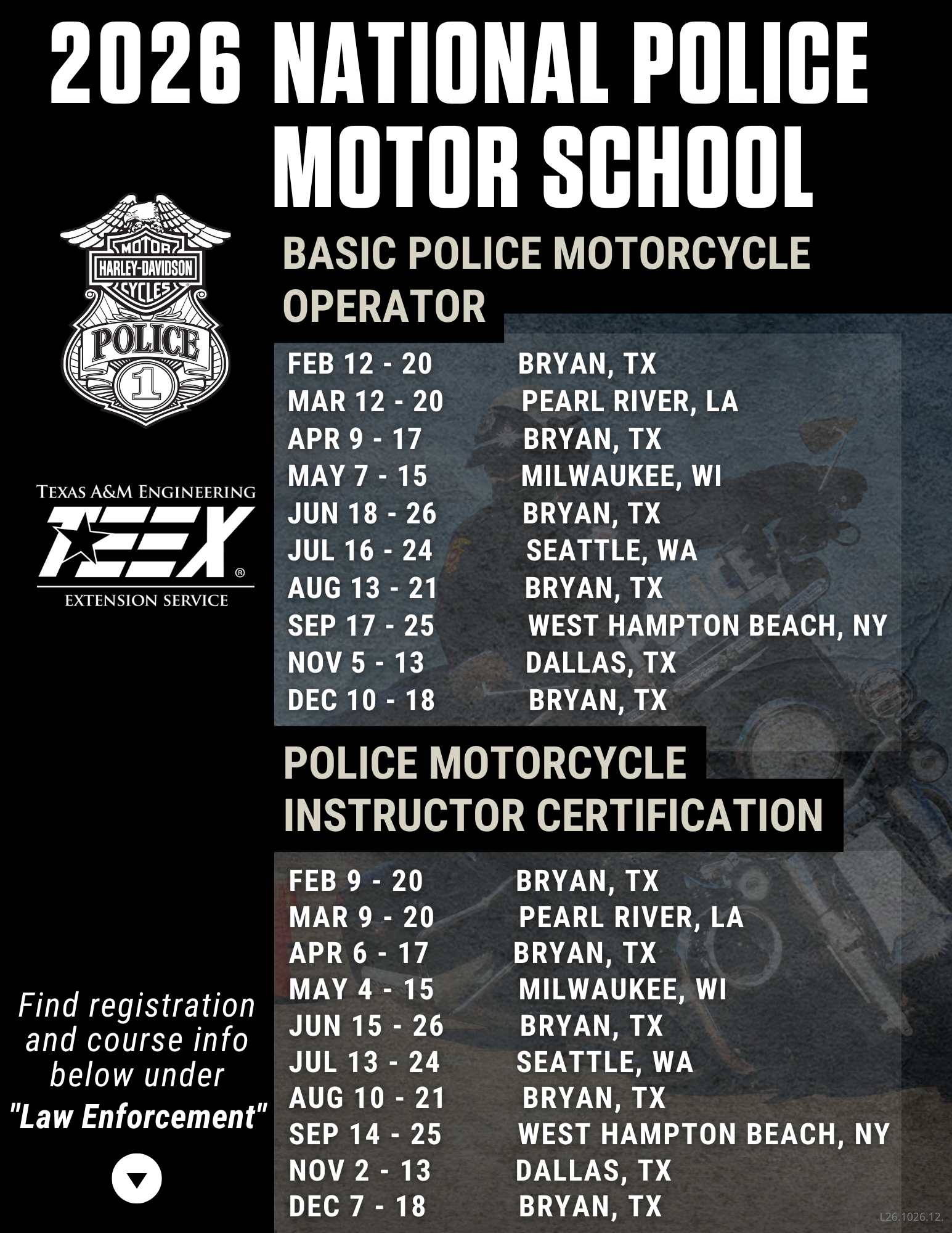 The 2026 schedule for the National Police Motor School.