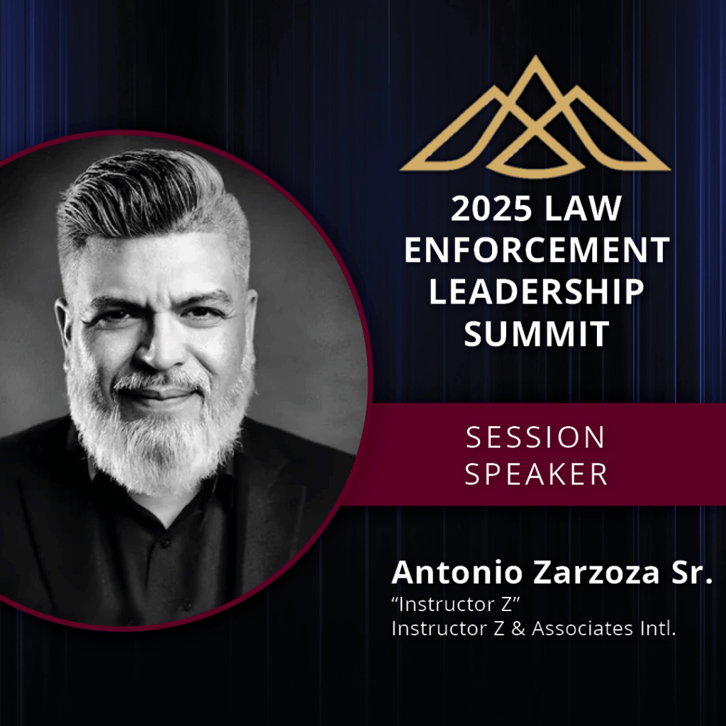 Photo of Antonio Zarzoza Sr, known as Instructor Z, announcing him as a session speaker at the 2025 Law Enforcement Leadership Summit scheduled for November 19, 2025 in Corpus Christi, TX.