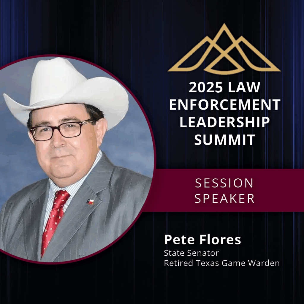 Photo of Senator Pete Flores announcing him as a session speaker at the 2025 Law Enforcement Leadership Summit scheduled for November 19, 2025 in Corpus Christi, TX.