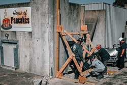 Rescuers working out side of a pancake restaurant