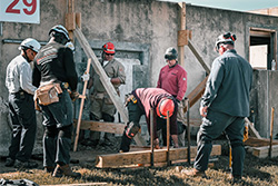 Rescuers outside of collapsed building