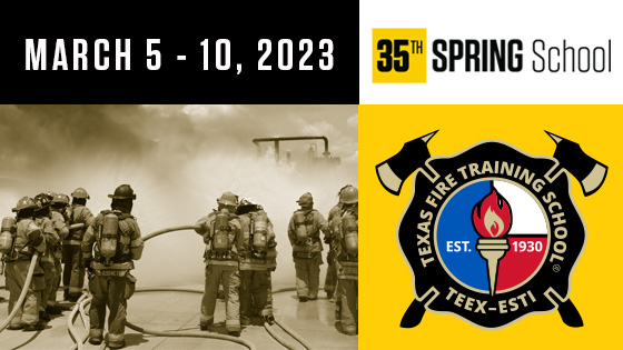 Annual Spring School photo of firefighters and Texas Fire Training School logo