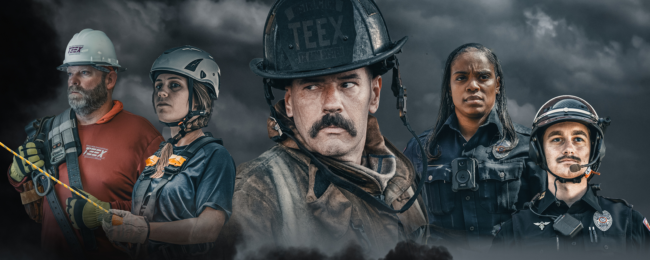 lineworker, rope tech, firefighter, two police officers
