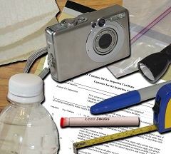 camera, pens, and paper