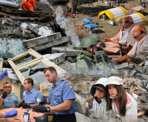 collage of images of disaster managers at computers, EMS students working with a mannequin victim, two young sad girls 