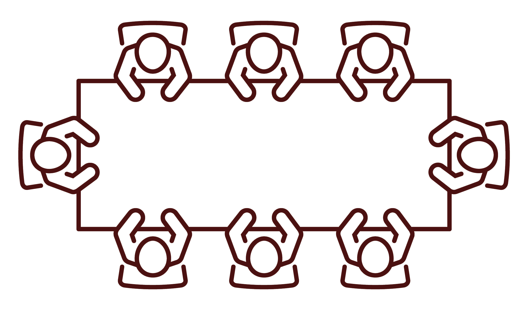 Abstract icon representation of 8 individuals sitting around a meeting table in a discussion